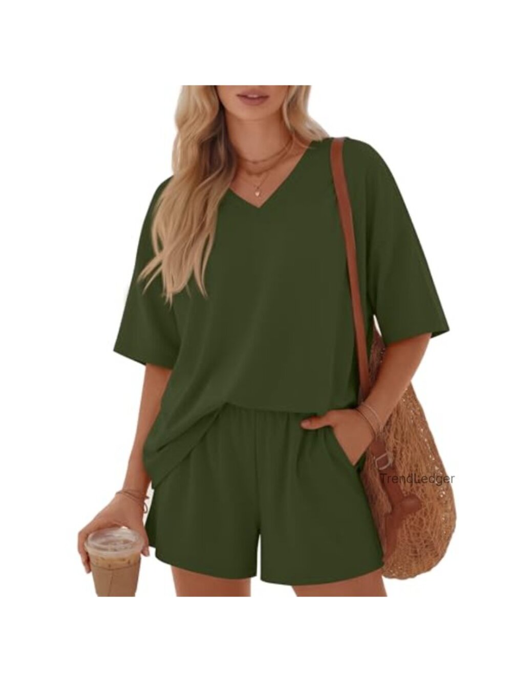 2 Piece Short Lounge Set V-Neck Top & Pocket Shorts 95% Polyester 5% Spandex